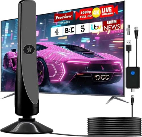 Indoor TV Aerial, 560+ Miles Range Digital TV Aerial with Amplifier Signal Booster, Digital TV Ariels Indoor for Smart TV, TV Aerials with Strong Signal UK Supports 4K 1080P HD Local Channels