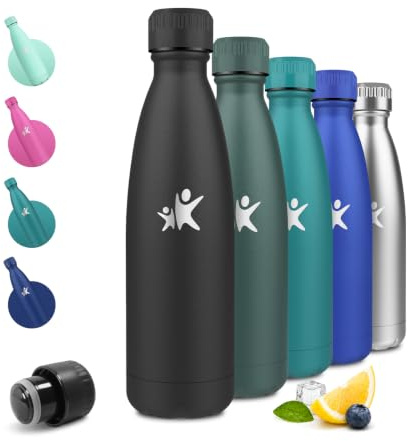 JAPORIA Edelstahl Trinkflasche 500ml, Vakuum Isolierte Thermosflasche, Thermoskanne Auslaufsicher, BPA-Frei, Wasserflasche Kohlensäure Geeignet, für Schule, Büro, Sport, Reisen, Schwarz