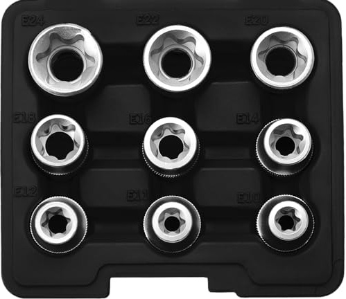 SW-Stahl 04435L E-Profil Steckschlüsselsatz, 1/2 Zoll, 9-teilig, E10-E24 | Chrom-Vanadium-Stahl Nüsse Set für Außentorx Schrauben, 12,5 mm Antrieb, Premium Werkzeug Set für KFZ Reparatur Profis