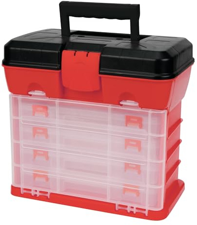 Performance Tool W54042 Plastic Rack System Tool Box with 4 Organizers | 13-compartment removable organizers, secure top storage, carry handle. Fits tools, nuts, bolts and screws