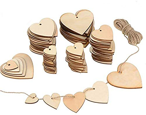 ToBeIT Herz Holz Scheiben 100 Stücke Holzanhänger Herz mit 10 Meter juteschnur - holzherzen für Tischdeko,Hochzeitdeko Streudeko DIY Handwerk Verzierungen Naturholzscheiben (100pcs/30-80mm)
