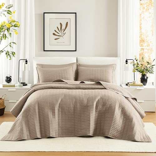 Comfort Spaces Quilt Coverlet Bedspread Ultra Soft Hypoallergenic All Season Lightweight Filling Stitched Bedding Set, Fabric, Taupe, Oversized Queen 108x118