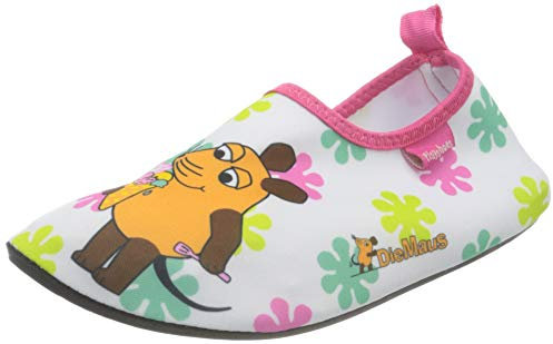Playshoes Jungen Unisex Kinder Barfuß Badeslipper Aqua-Schuhe Blumen, Weiß Rosa die Maus, 18/19 EU