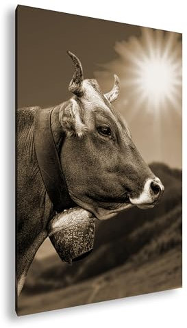 deyoli edle Alpen Kuh Format: 60x40 Effekt: Sepia als Leinwandbild, Motiv fertig gerahmt auf Echtholzrahmen, Hochwertiger Digitaldruck mit Rahmen, Kein Poster oder Plakat