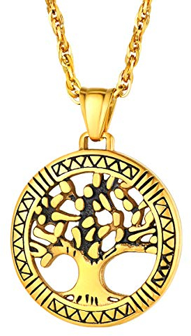 FOCALOOK Chaîne Pendentif Arbre de Vie Doré Collier Homme Judaïque Plaqué Or Jaune Bijou Religieux Simple