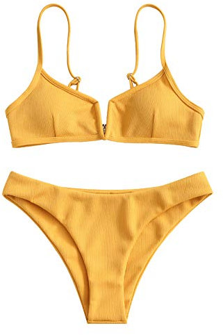 ZAFUL Damen Bikini Set, Zweiteilige Gerippter Bikini-Oberteil mit V-Verkabelung High Cut Bademode Sexy Swimsuit Sommer (Gelb, S)
