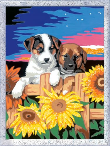 Ravensburger CreArt 28765 - Welpen im Sonnenuntergang - Malen nach Zahlen Hunde ab 9 Jahre, Malset mit Rahmen, Pinsel und Acrylfarben, Geschenk für Mädchen und Jungen, mit Glitzer