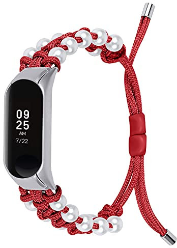 KangPlus Band Compatible with Xiaomi Mi Band 3, Women Girl Stylish Replacement Wristband Breathable Adjustable Handmade Faux Pearl Strap for Xiaomi Mi Band 3 - Red