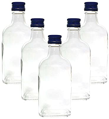 10 x Flask Glass Bottles 200 ml (0.2L) & Metal Screw Caps (Twist on Lids) - Home Brewing Gin Oil Vinegar Wine Vodka - DIAH (Blue Screw Caps)