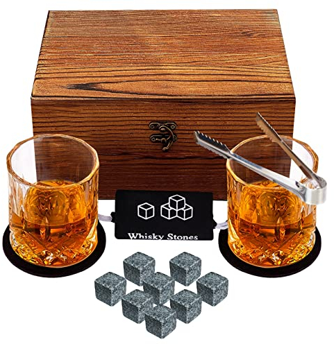 Whiskey Stones and Glass Gift Set for Men, KAQ 2 Whisky Glasses and 8 Natural Whiskey Stones in a Exquisite Wooden Box, Christmas/Thanksgiving/Father's Day/Birthday Gift for Family and Friends