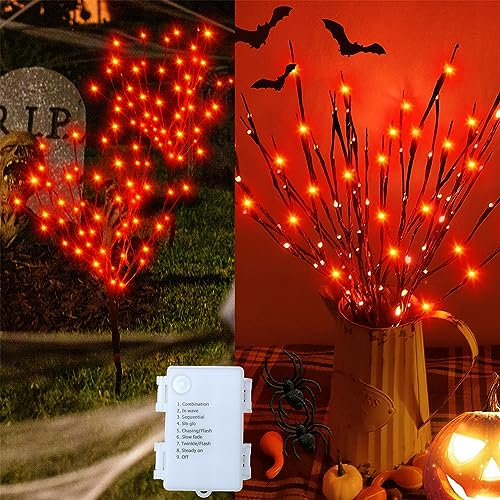 Outdoor Indoor Lighted Halloween Tree Branches Decoration, 3PCS Artificial Lit Twig Branch with Orange Fairy Lights, Battery Operated with Timer, Halloween Decor for Fireplace Pathway Lawn Front Porch