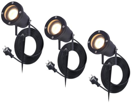HOFTRONIC 3er Set Sydney - GU10 LED Strahler mit Erdspieß - 1,5M kabel mit Stecker - 4W 450lm - Aluminium Gartenstrahler - IP64 Wasserdicht - Warmweiß Außenlampe für Garten, Terrasse, Wegen