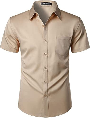 PARKLEES Mens Casual Urban Stylish Slim Fit Short Sleeve Button Up Dress Shirt with Pocket Khaki L