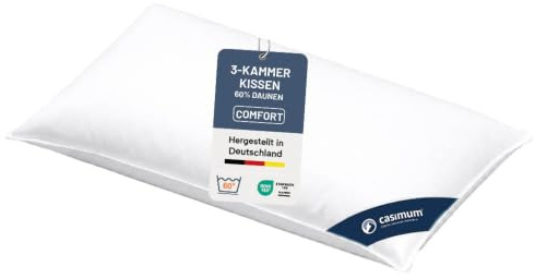 Daunenkissen 40x80 cm, Comfort 3-Kammer Daunenkissen, Made in Germany | 60% Daunen (Außen), Allergiker Kissen, für Rücken- & Seitenschläfer, 100% Baumwolle, OEKO-TEX