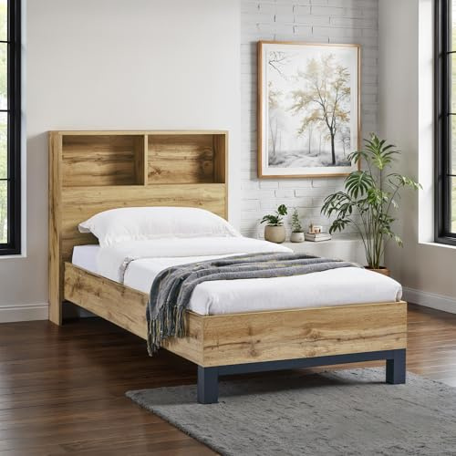 Julian Bowen Bali Bookcase Headboard Bed 90Cm | Rustic Bed Frame, 90cm/3ft with Bookcase Headboard, No Box Spring Needed