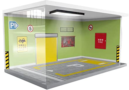 Perfeclan 1:24 Parkplatz Szene Modell Straße Parkplatz mit Beleuchtung Vitrine Arbeitsplatte Display für Schreibtisch Modellauto Sammlung Display Dekoration