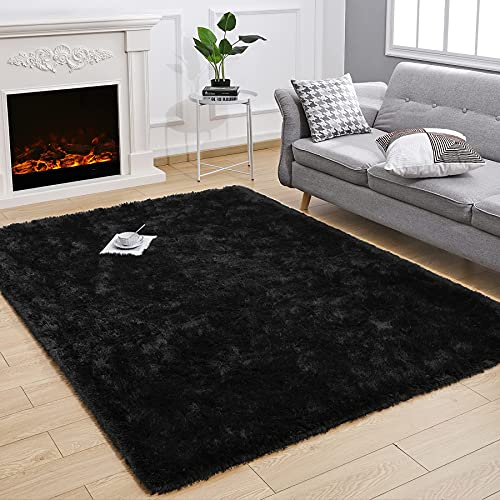 ROHATIM Hochflor Teppich Wohnzimmer Super weich Shaggy Teppich Flauschiger,Soft Area Rug Schlafzimmer Teppiche Super weich Fluffy Kindermatte(Schwarz,120 x 160 cm)