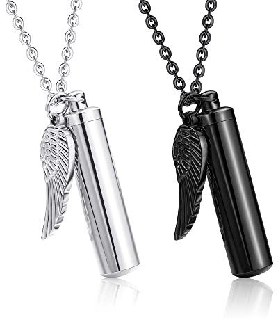 LOLIAS 2 Stück Edelstahl Engelsflügelzylinder Feuerbestattung Urne Halskette für Asche Memorial Andenken Anhänger Charm Halskette Feuerbestattung für Frauen Männer