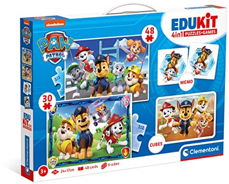 Clementoni | Edukit 4-en-1 Pat'Patrouille – Coffret Jeux Éducatifs Enfants 3 Ans+ | 2 Puzzles (30 & 48 Pièces) | Mémo 48 Cartes | 6 Cubes | Mémoire, Logique, Motricité | Apprentissage Préscolaire