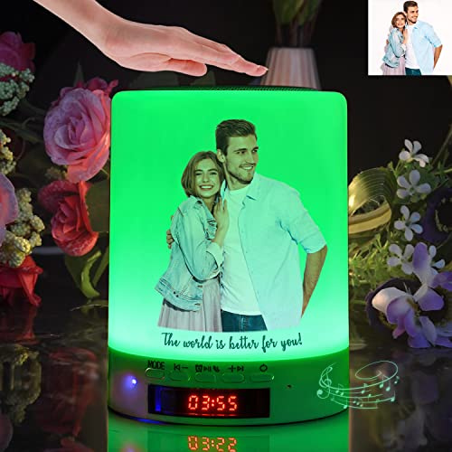 Lampe de table avec veilleuse tactile - Horloge de chevet à haut-parleur Bluetooth avec photo personnalisée, lumière blanche chaude ajustable pour chambre à coucher/bureau/camping extérieur