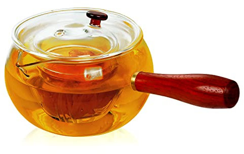 WHJY Glas-Teekanne mit Teesieb für losen Tee, kleiner klarer magischer Teekessel für Herdplatte, klarer japanischer Teekessel mit Holzgriff Kyusu Teekanne – 482 ml
