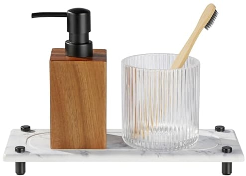 Navaris Vassoio Diatomite Asciugatura Istantanea - Organizer Sapone Lavello Cucina - Vassoio da Bagno Assorbente - Supporto Acciaio Inox - 28 x 11 x 2,5 cm - Effetto Marmo Bianco