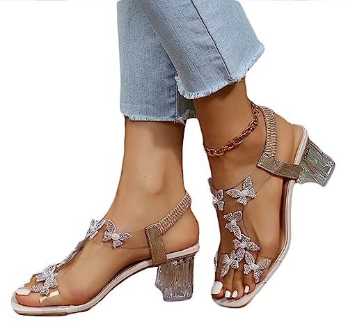 ticticlily Sandaletten Damen mit Absatz Durchsichtig Fashion High Heels Strass Slip-Ons Sommerschuhe Elegant Frau Party Sandalen Sommer Frauen Blockabsatz Abendschuhe