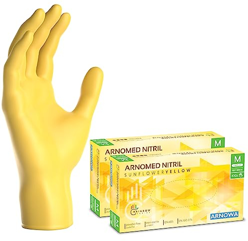 ARNOMED Guanti monouso giallo, guanti in nitrile M, 200x guanti monouso nitrile (2 scatole), guanti in nitrile senza polvere e lattice, guanti per alimenti, guanti nitrile taglie XS, S, M e L