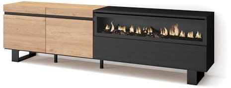 Skraut Home | TV-Schrank, Lowboard | für Wohnzimmer und Esszimmer | 200x57x35cm | Für TV-Geräte bis zu 80 | Elektrokamin. Maße | Industriedesign | Moderner Stil | Eiche Schwarz