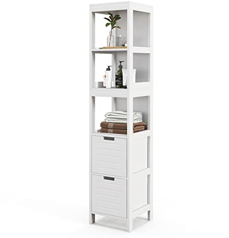LIFEZEAL Armario Alto con 2 cajones extraíbles, Mueble de almacenaje de pie de Madera, Mueble de pie, 30 x 30 x 145cm, Diseño Moderno, para Baño, Cocina, Salón, Dormitorio, Blanco