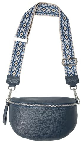 Umhängetasche Crossbody Bag Gürteltasche in Gr. M aus 100% Leder mit breitem Gurt - Helen (marineblau)
