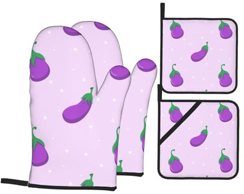 Ofenhandschuhe und Topflappen-Sets, Küchenofenhandschuh und Topflappen, 4 Stück, zum Backen von Grill, Auberginen, Gemüse, Obst