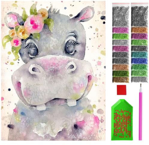 ARTULIO Diamond Painting Set - Niedlicher Hippo mit bunten Blumen - 30x40 cm – 5D Diamant Painting Bilder DIY, Diamond Painting Erwachsene