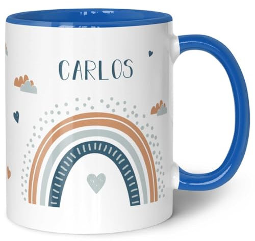 GRAVURZEILE Tasse für Kinder - im Regenbogen Design - Personalisiert mit Namen - Geschenk für Mädchen und Jungen zum Geburtstag - zur Kommunion und Konfirmation - Geburtstagsgeschenk - Blau