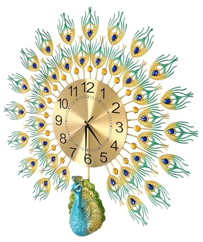 MEHOOSPVN Wanduhr Pfau, Wandhängende Metall Uhr Pfauenuhr 3D-Pfauen-Design Wand Uhr Halle Wandmontierte Dekorative Wanduhren für Wohnzimmer, Schlafzimmer, Küchen Dekoration 60 * 60 cm Bunt