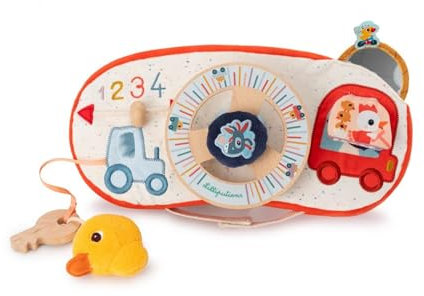 LILLIPUTIENS - Panneau d’activités Bébé - Idéal en Voiture - Jouet interactif avec Volant, clé et rétroviseur - Busy Board - Stimule la motricité et l’Imagination Enfant - Dès 12 Mois - 83526