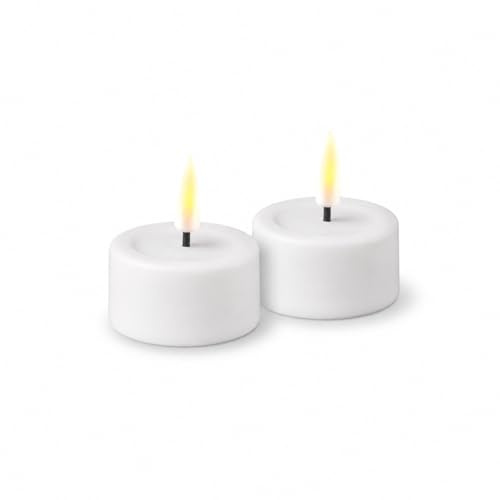 ReWu Homeart LED Teelicht 2er Deluxe, Indoor LED-Teelicht mit Realistischer Flamme, Warmweißes Licht, Echtwachs, Weiß