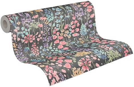 A.S. Création Blumentapete in Bunt, Schwarz, Pink, Blau, Grün - hochwertige Vliestapete floral 396064 - Designtapete gemalt auf 10,05m x 0,53m - Made in Germany
