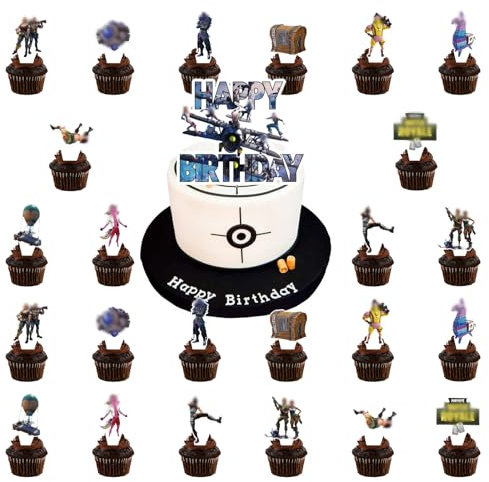 Fortnit Tortendeko Jungen, 25 Stück Kuchen Dekoration für Fortni Set, Fortnit Geburtstag Tortendeko, Videospiel Thema Cupcake Toppers, Happy Birthday Cake Topper für Kinder Geburtstag Party
