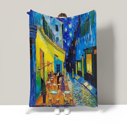 JSCWDET Flanell Fleece Geometrische Decken, extra weiche Flauschige Kuscheldecken,Klassisches Ölgemälde Van Gogh Caféleichte, gemütliche Mikrofaser Sofadecke/Couchdecke,150x 200cm