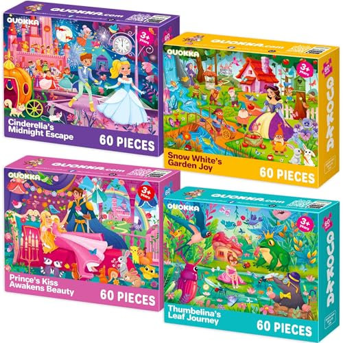 QUOKKA Jigsaw Puzzles For 3 4 Year Olds - 4x60 Jigsaws for Children Age 5 6 7 - Kids Puzzles For Learning Fairy Tale - Unicorn Gift Toy for Boys & Girls 5-8 yo