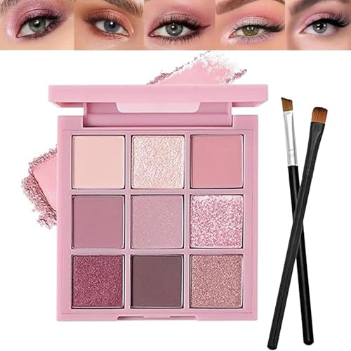 9 Color Pink Eyeshadow Palette Set, Matte and Shimmer Glitter Eye Shadows for Women Girls, Highly Pigmented, Long-Lasting Eye Makeup, with 2 Eye Brushes for Casual Party Wedding And Everyday Looks