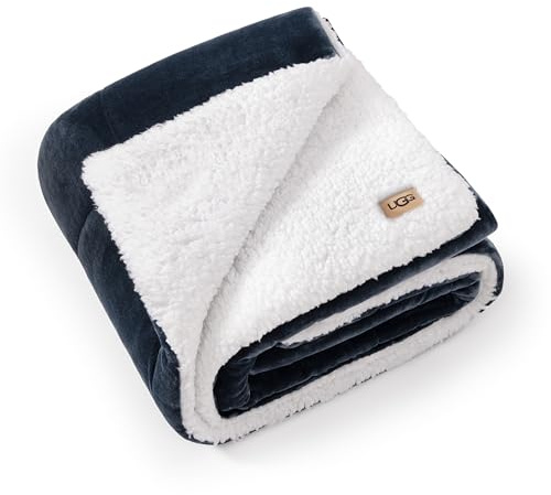 UGG 35987 Nita Warm Soft Reversible Boho Throw Blanket Thick Chunky Luxury Preppy Fluffy Cozy Plush Hypoallergenic Down Alternative Fill Machine Washable Throw for Couch and Bed, 50 x 70-Inch, Navy