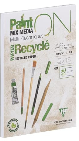 Clairefontaine 960061C - Zeichenblock Malblock PaintON Recycling, DIN A6, kopfseitig geleimt, 15 Blatt, 250g, geeignet für Mixed Media, weiß, 1 Stück