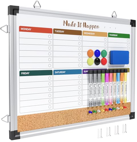Marsrock Wöchentliche trocken abwischbare Tafel und Korktafel für Wand, 43,2 x 33 cm, wendbar, zum Aufhängen, trocken abwischbar, doppelseitiges Whiteboard mit Aluminiumrahmen für Planung, Büro, Küche