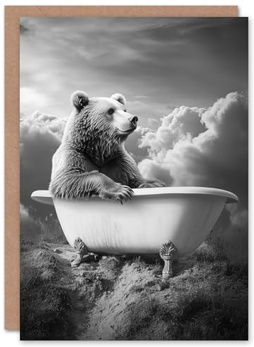 Artery8 Personalised Grizzly Bear Mountain Bathtub Black White Surreal For Him Or Her Art Birthday Card