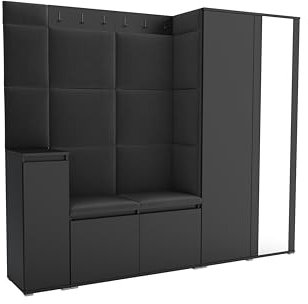 Brent - Garderobenschrank Flur Schwarz mit sitzbank 220 cm Breit Luton 8 - Multifunktionale Flurgarderobe Set mit Stauraum und Wandpaneel, Garderobe mit Sitzfläche und Kleiderhaken