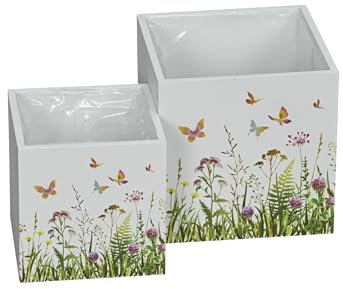 finehomegarden Holz Kasten Pflanzgefäß 2erSet Pflanzkasten H12+15cm Quadrat weiß/bunt Blumenwiese