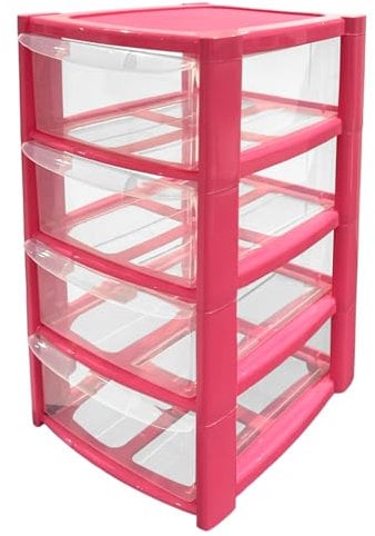 Mini 4 Drawer Plastic Storage Tower - Compact Desktop Organiser with Clear Drawers for Makeup, Toiletries, Stationery - Lightweight & Durable Storage Tower - Pink, Blue or Black, 40x26x19cm (Pink)