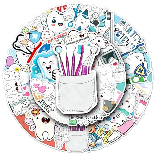 Zähne Wasserdichte Aufkleber Set Geschenk für Jugendliche Erwachsene 50 Stück Zahnarzt Tooth Vinyl Sticker Deko für Auto Motorräder Fahrrad Skateboard Snowboard Gepäck Laptop Scrapbook Auto Koffer